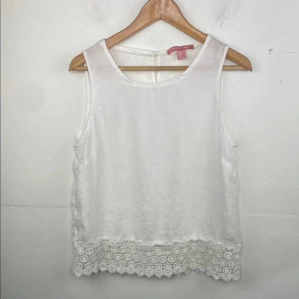 Marina Luna Linen White Crochet Trim Sleeveless Top size Medium